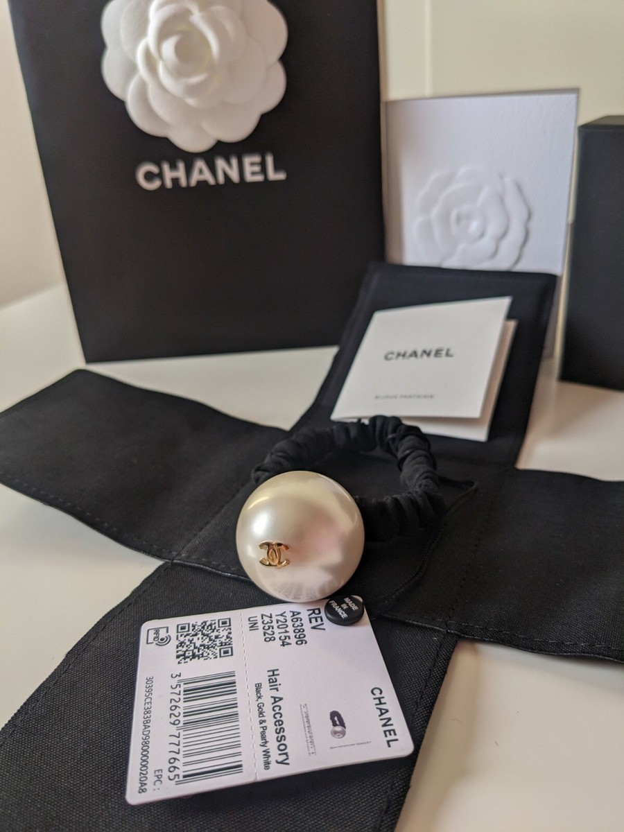 Authentic CHANEL CC Logo Pearly White Gold Black Hair Tie