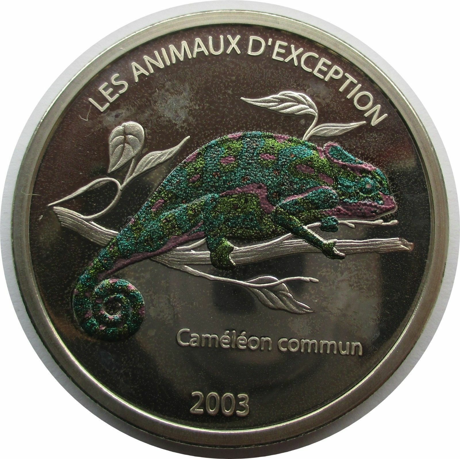 Kongo 5 franków 2003 Kameleon zwierzęta kolorowe kolor srebrny dowód rzadki