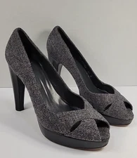 Stuart Weitzman Platform Heels Grey Tweed Fabric Criss Cross Open Toe Size 8.5M