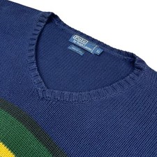 VTG Polo Ralph Lauren Men's 100 Cotton Knit V-Neck Sweater Navy Stripe   XL