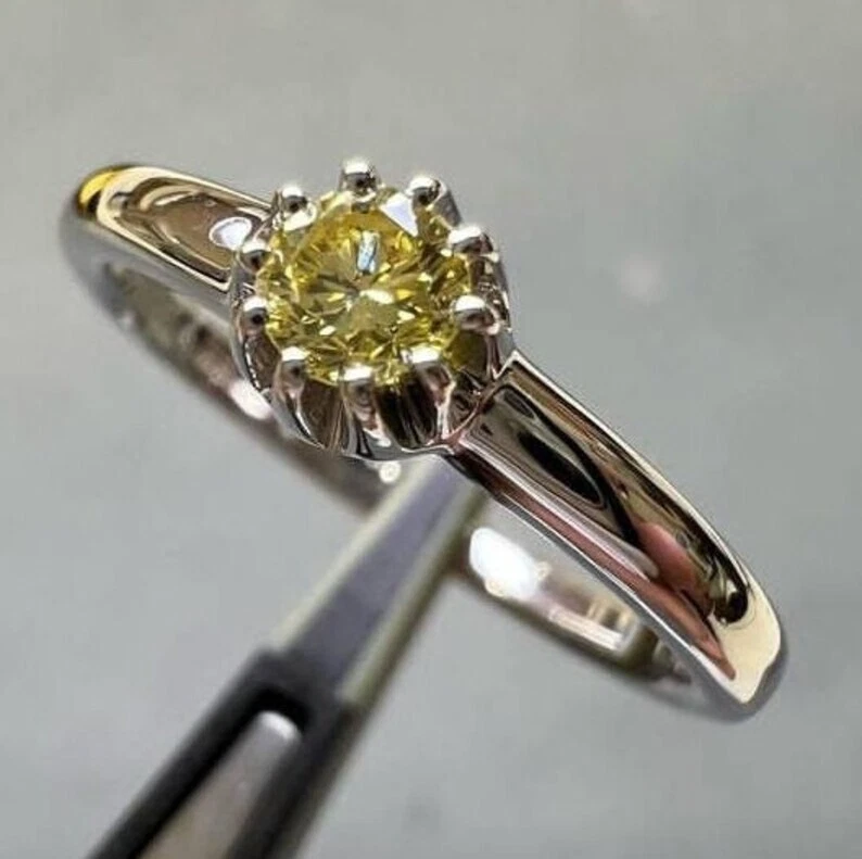 Anel unissex de diamante amarelo extravagante natural prata esterlina 925 tamanho 7 EUA 0,163 quilates - Imagem 3 de 4