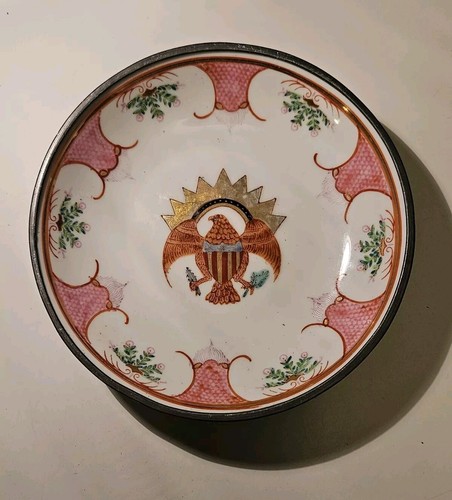 Japanese Porcelain Ware Bowl Pewter Decorated In Hong Kong Bird Gold Eagle 7.75" - 第 1/7 張圖片