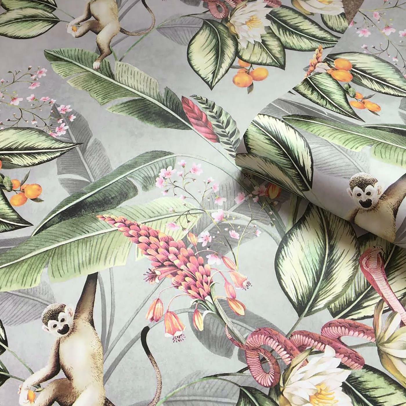 B&Q - Belgravia Tropical Animal Garden Jungle Floral Palm Grey Green Pink Wallpaper - Image 3