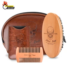 Beard Brush and Comb Set, Boar Bristle Hair Beard Brush Kit with Small Leather T