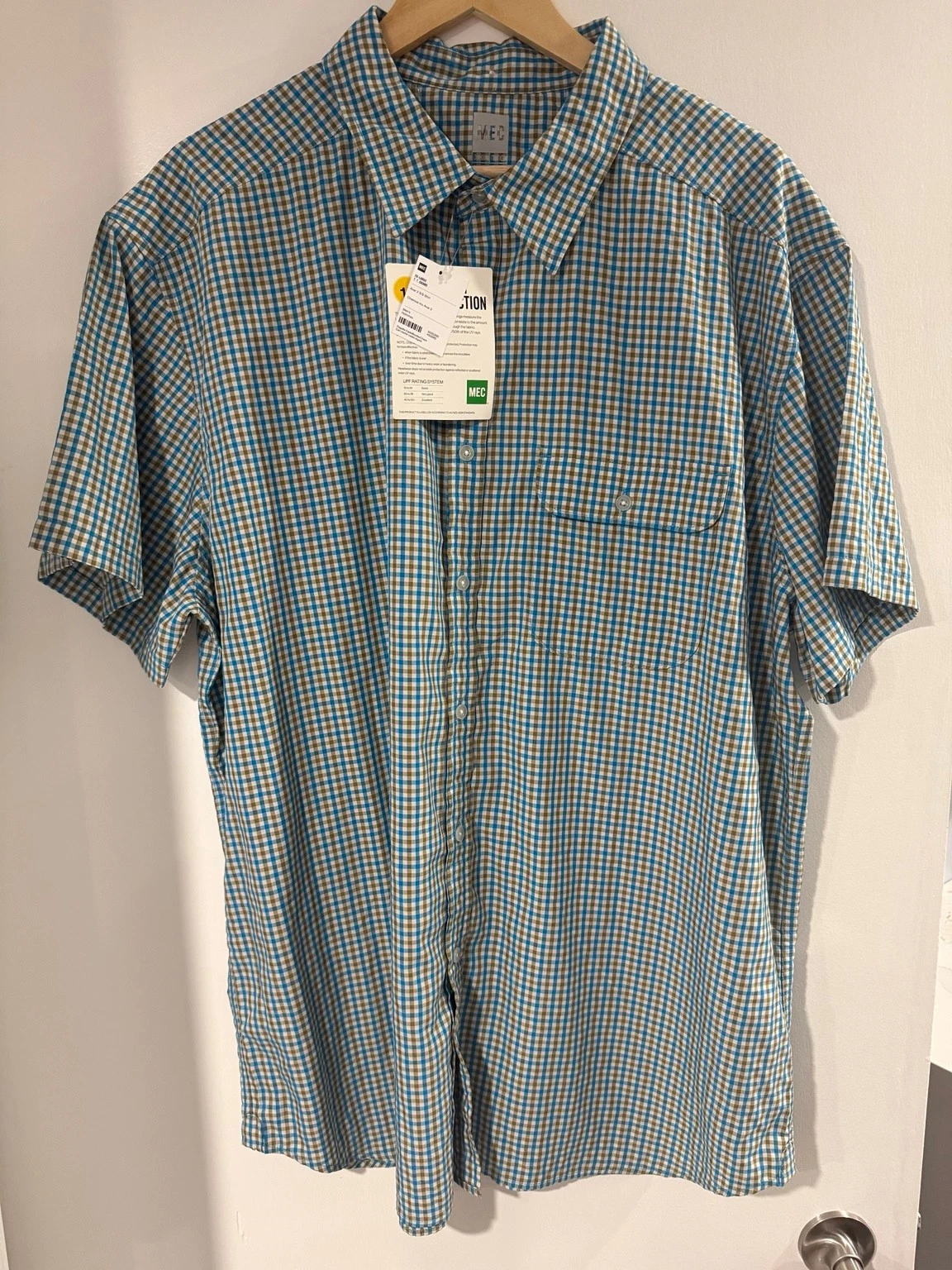 MEC Avar 2 Shirt Mens XXL Blue Plaid Hiking Camping UPF Short Sleeve NWT