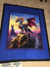 New Handmade Flying Dragon Castle Throw / Lap Quilt 77 x 62 inches
