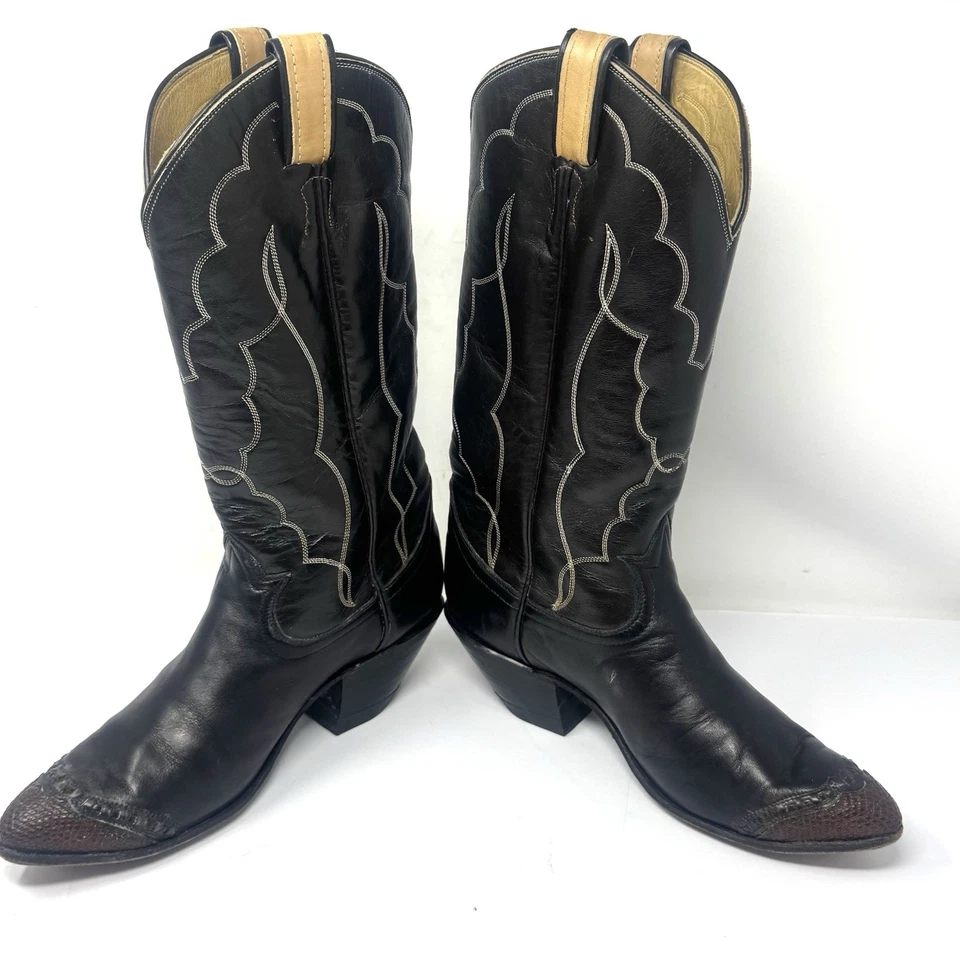 Botas vaqueras vintage Tony Lama de cuero negro punta ala de lagarto para hombre talla 7 Foto 3 de 4