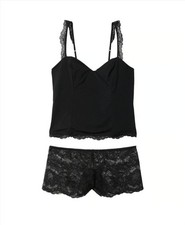 Victoria's Secret Modal  Lace Panty Set Cropped Cami S Black 2 Piece PJ Sleep