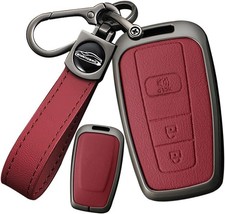 Metal  Leather 3 Button Key Fob Cover Case Compatible- Red-3 Button