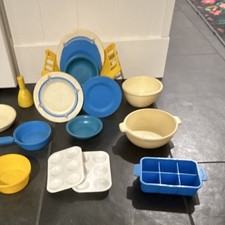 Pretend Play Kitchen Cookware Set Blue Plastic Plates Bowls Cups Utensils