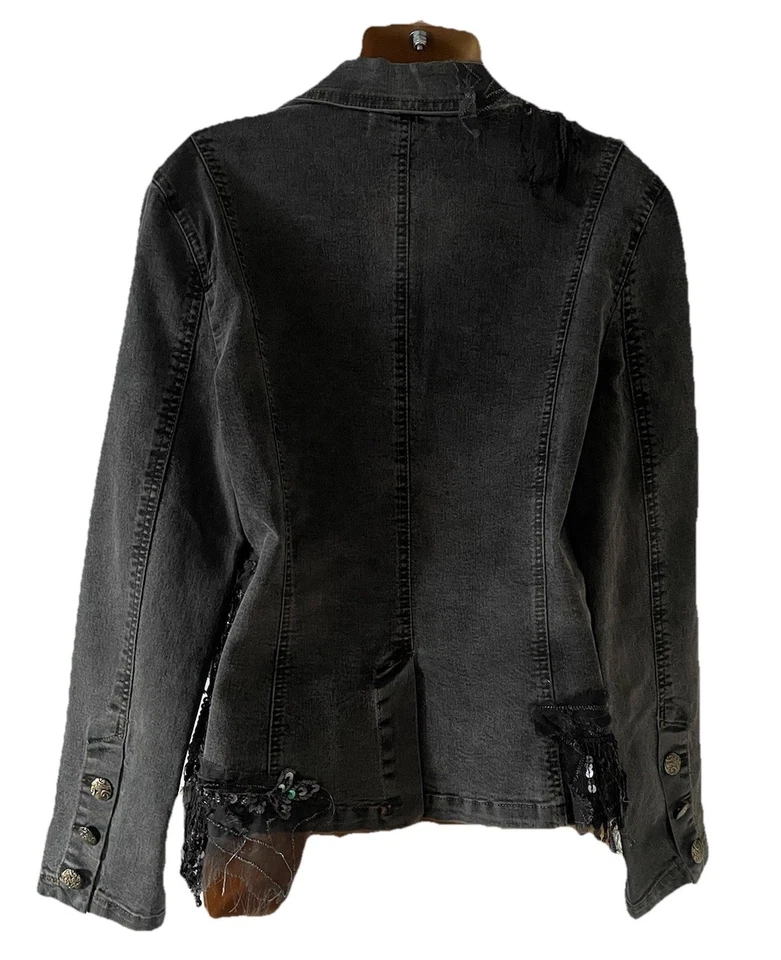 VTG Rossi Roma Women's L Blazer Denim Jacket Italy Fringe Sequence Beaded  Artsy - Image 3 of 4