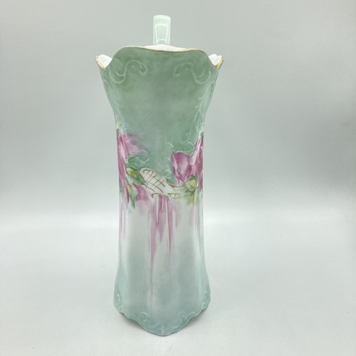 Vintage Porcelain Pitcher Tankard Floral Scroll Pink Green Gold Gilt 9 1/4" H - Picture 2 of 11