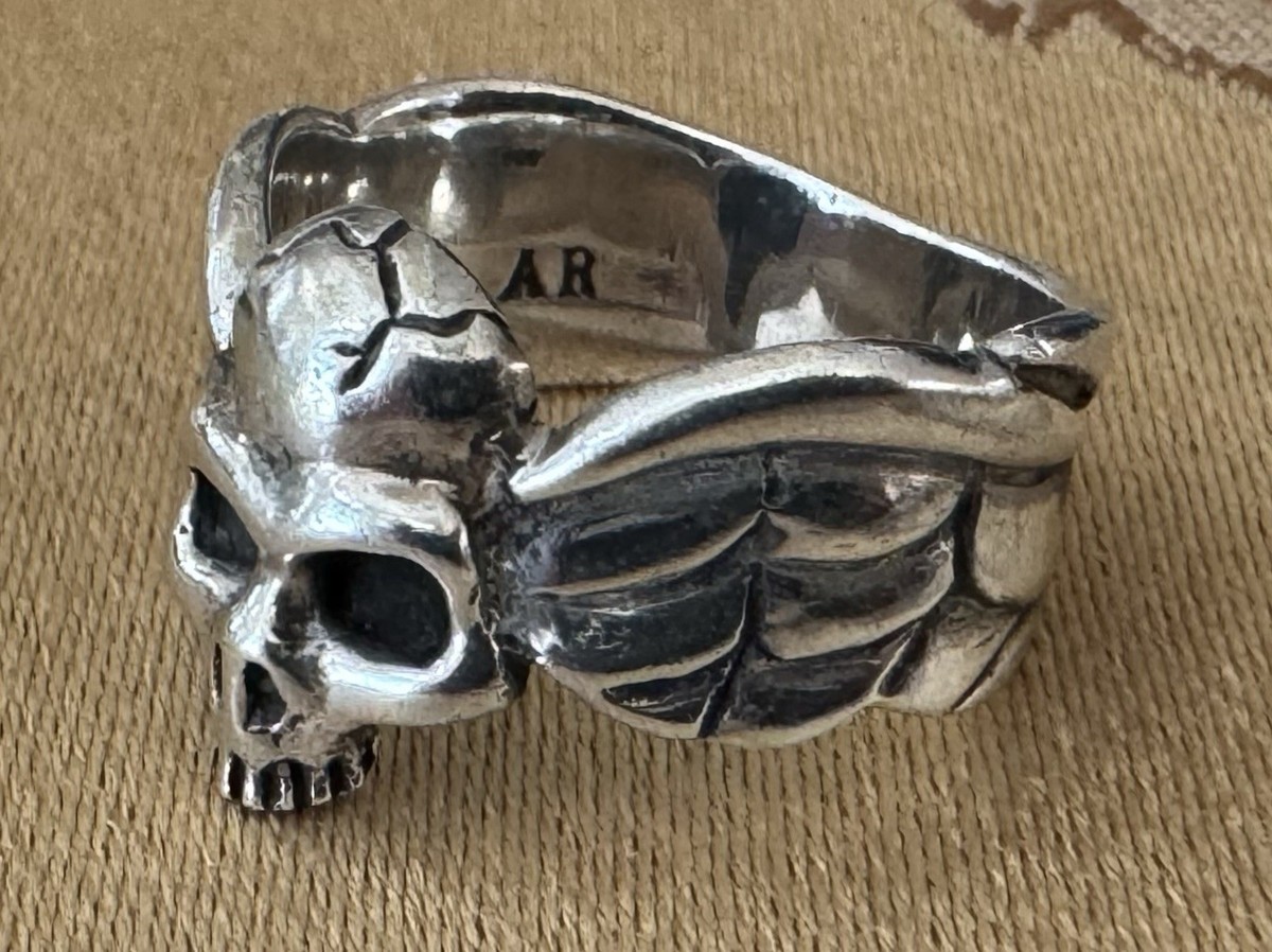 Biker Goth Harley Signed AR Sterling Silver Cracked Skull & Wings Size 9 Ring View 3
