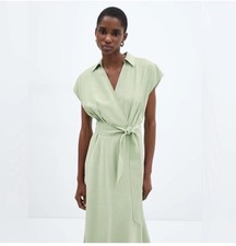 MNG Mango Faux Wrap Midi Dress Green Apple Womens Size 10 Wedding Collar Belt