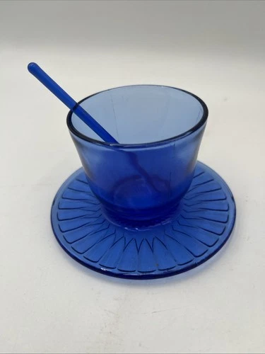 Vintage 1940's Macbeth Evans Cobalt Blue Petalware Mustard Jar/ Saucer W/ Spoon