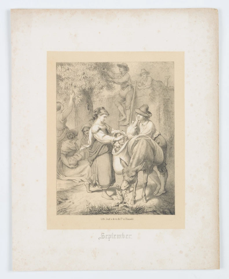 September. Bei der Apfelernte, um 1850, Lith. Biedermeier Unbekannt (19.Jhd) - Bild 2 von 4