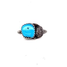 VINTAGE NATIVE AMERICAN STERLING SILVER TURQUOISE LEAF RING SIZE 6.5, 1.5 GRAMS
