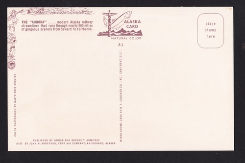 c1950 The Aurora Alaska Railway Streamliner Seward to Fairbanks train postcard - Picture 2 of 2