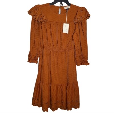 Universal Thread Brown Rust Color Eyelet Balloon Sleeve Ruffle Dress New Small 
