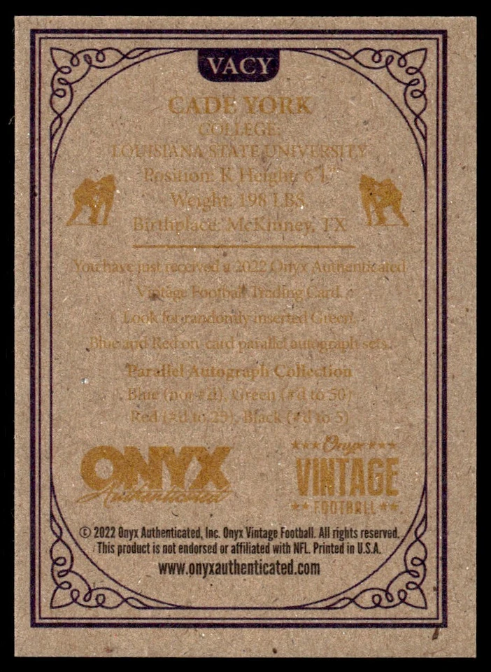 2022 Onyx Vintage Auto Cade York RC Auto LSU Tigers #VACY - Image 2 of 2