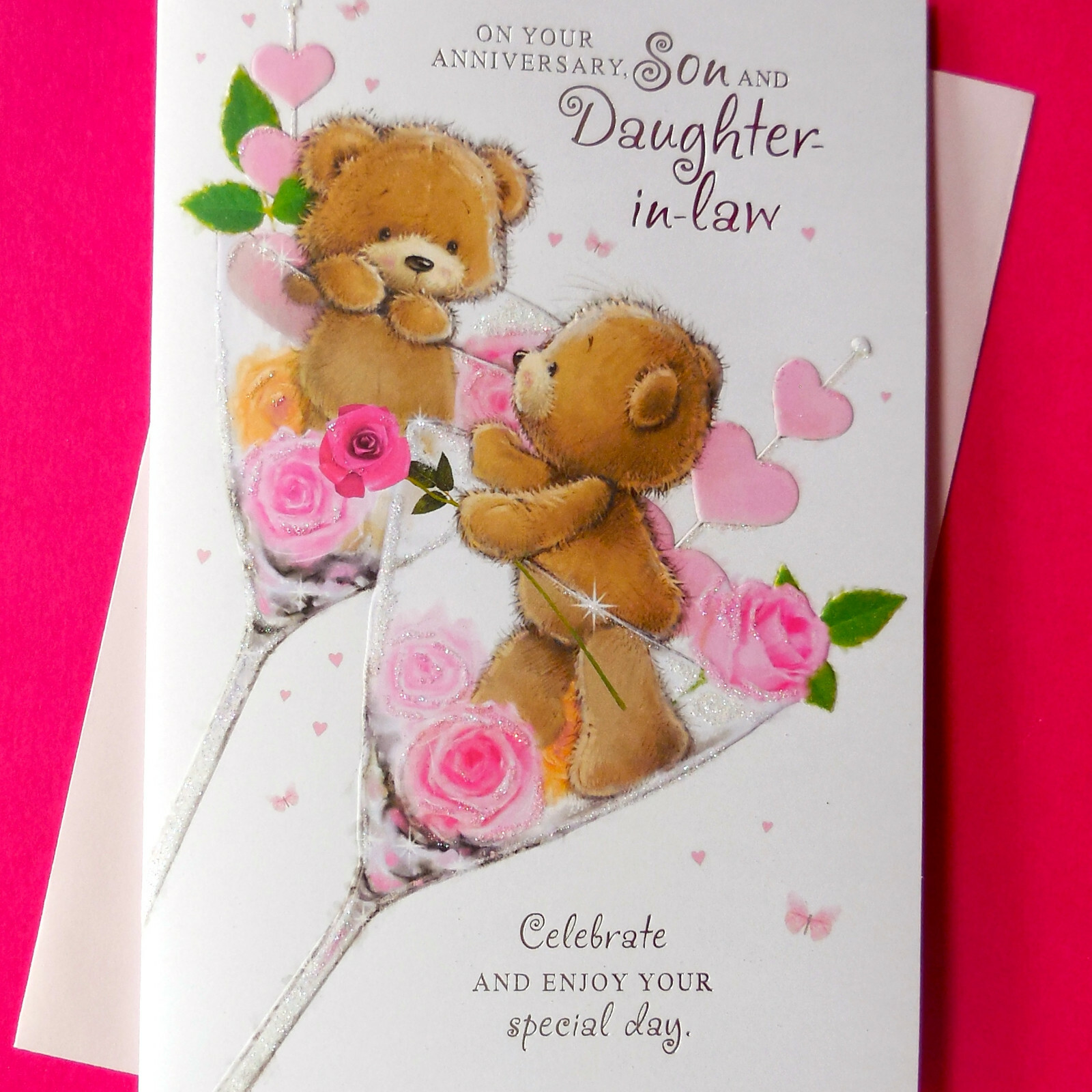 Son & Daughter-in-Law Wedding Anniversary Card Modern Champagne Roses Pink