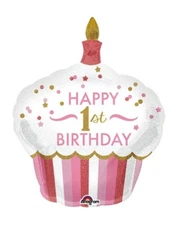 Girl's 1st First #1 Polka Dots Shimmery Cupcake 36" Happy Birthday Party Balloon