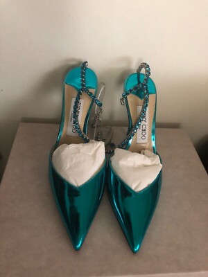 Jimmy Choo Saeda 100MM Crystal Ankle Strap Pointed Toe Pump EU 7