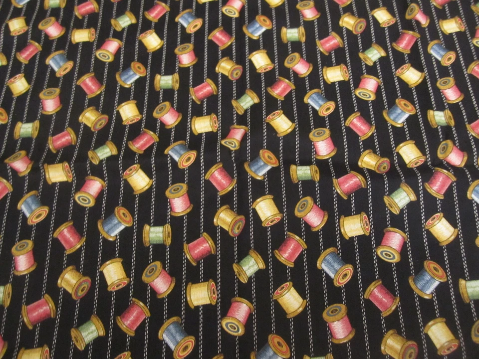 Cotton Fabric  Vintage Colorful Wooden Spools on Black Concord Kesslers 1yd x 44 - Image 2 of 4