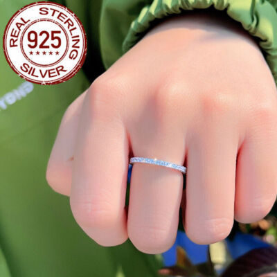 Top 925 Sterling Silver CZ Round Wedding Band Ring Solid Elegant Bridal Jewelry