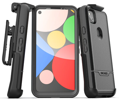 Google Pixel 4a Case w Built-In Screen Protector & Belt Clip Holster - Black