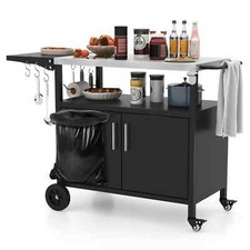 84cm Height Outdoor Kitchen Island Grill Cart w/Storage & 6 Hooks Black