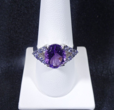 5.62ct Natural Amethyst, Tanzanite Solid Sterling Silver Cluster Ring-AU S 3/4