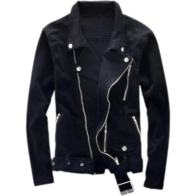 MEN'S BLACK DENIM CLASSIC BIKER MOTORCYCLE JACKET ZIPPER POCKETS.