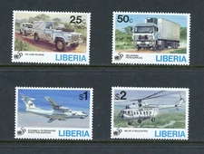 X083  Liberia  1995  U.N.  airplanes helicopters trucks aviation  4v.    MNH