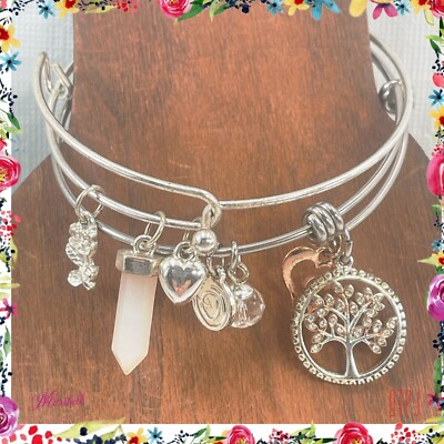 Lot of 2 Silver Tone Bangle Bracelets Heart Rose Tree of Life Charms Pendants