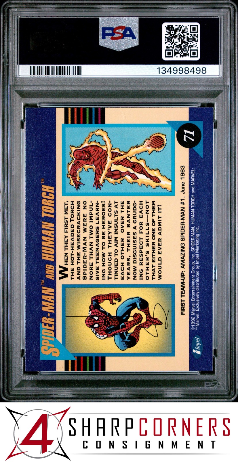 1992 MARVEL UNIVERSE #71 SPIDER-MAN AND HUMAN TORCH PSA 10 view 2