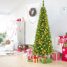 5/6/7FT Pre-Lit Artificial Christmas Tree Hinged Slim Pencil Xmas w/ LED Lights