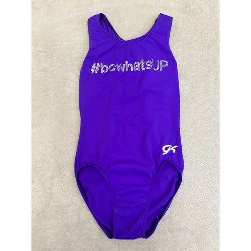 GK Elite Gymnastics Leotard Girls Child Large Purple Rhinestone Logo