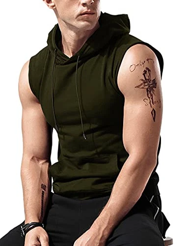 Men's Workout Hooded Tank Tops Sleeveless Gym Hoodies Large Army Green - Image 3 of 4