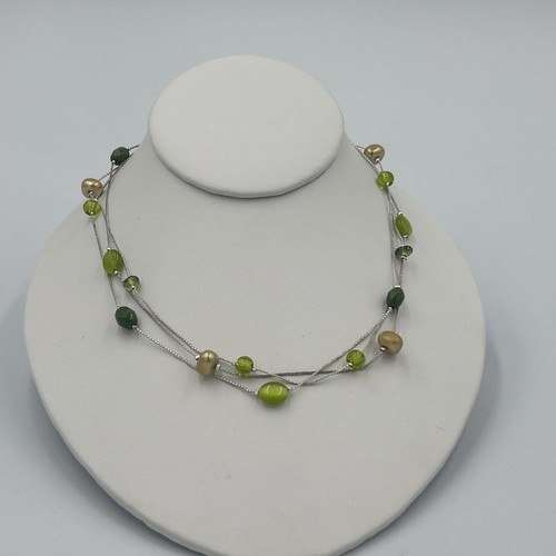 New York & CO Signed Multistrand Layered Green Acrylic Bead Necklace 16-18”