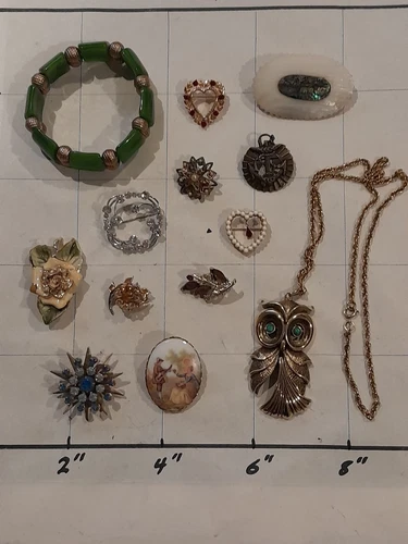 Vtg Mixed Lot of Costume Jewelry - MCM Owl, Bakelite? Bracelet, Abalone Pin