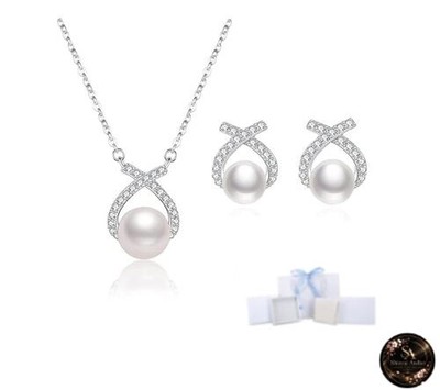 [Free Bird] Set aus Perlenkette und Ohrringen für Damen - Kreuzanhänger Perle