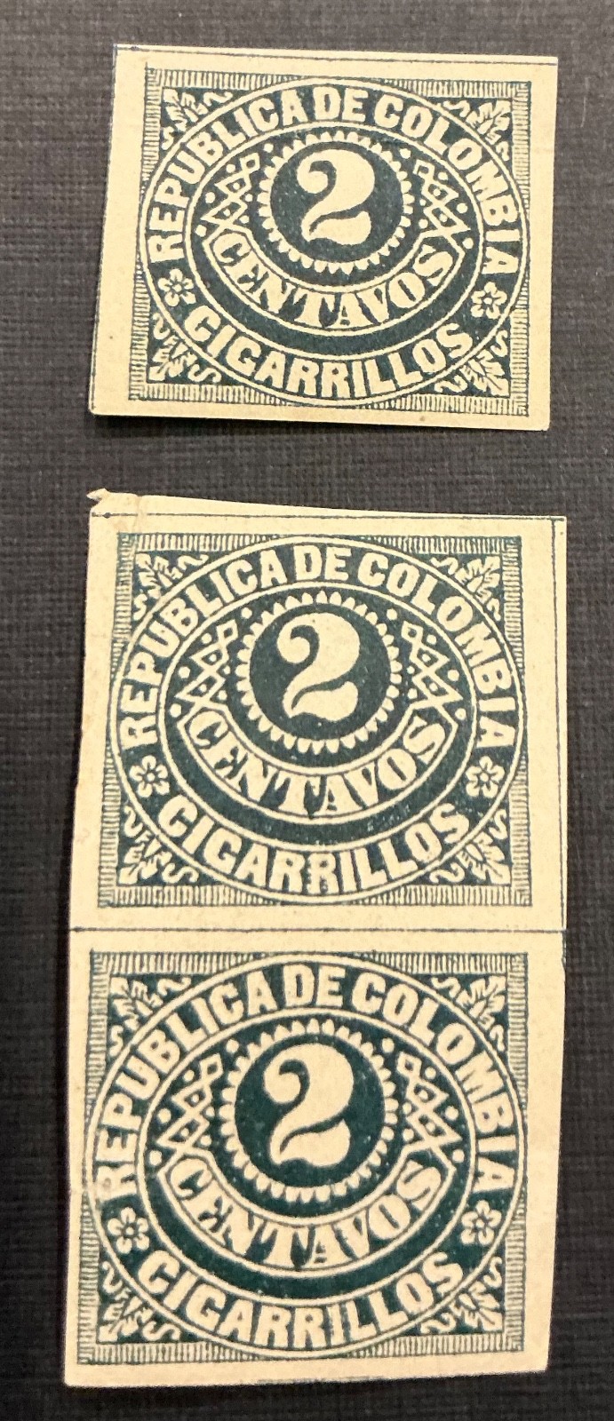 1887 Colombia Revenue Tobacco/Cigarette Tax Stamps (3)