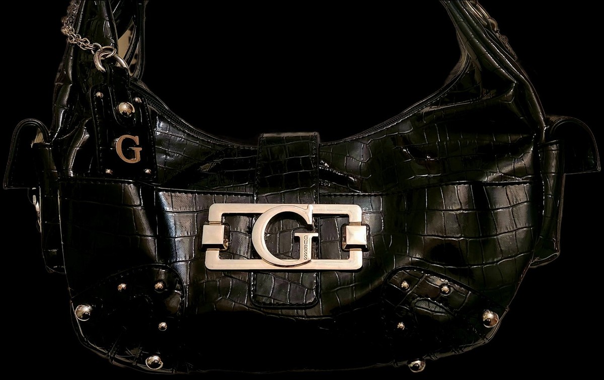GUESS Vintage Y2K Black Crocodile Patent Faux Leather Studded