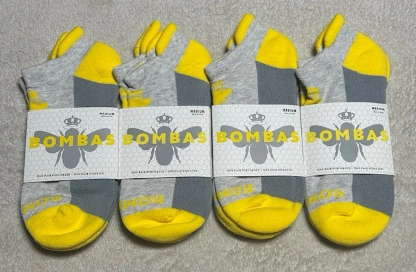 Bombas Tri-Block Ankle Socks 4-Pack Size M 8-10.5 Yellow Gray New Cushioned