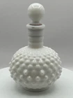 Vintage White Milk Glass Perfume Bottle with Stopper and Cork Hobnail  6"