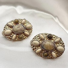 Vintage Gold Tone Oval Earrings Cream Brown Marbled Glass Agate Style Jewelry