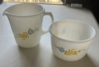 Vintage Pyrex Milk Glass Sugar Bowl & Creamer Set Floral Pattern USA