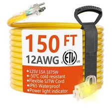 Heavy Duty 12/3 Gauge 150FT Waterproof Yellow Outdoor Extension Cord Heavy