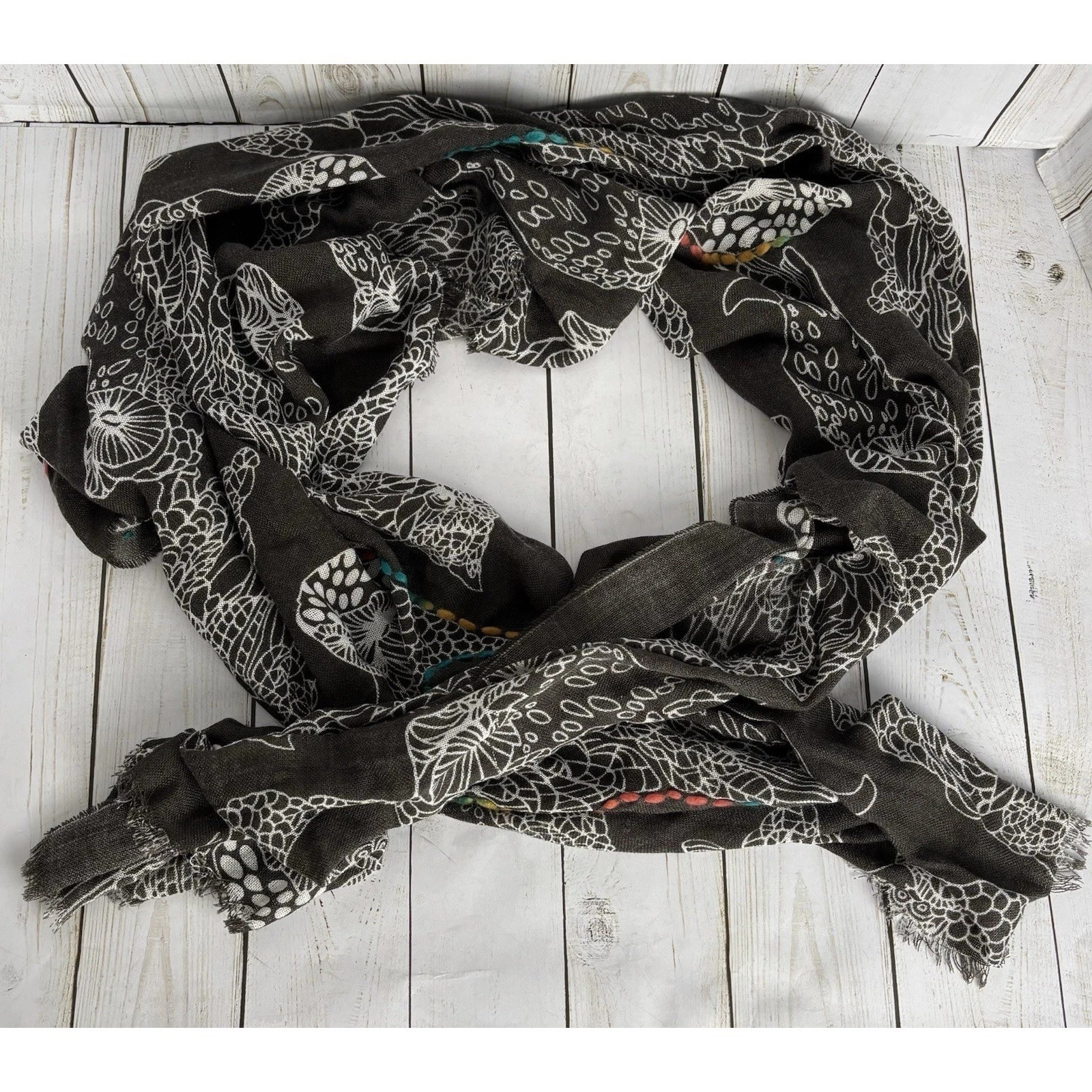 Pins & Needles Owl Print Woven Scarf 24"x72" Gray Rainbow 1873